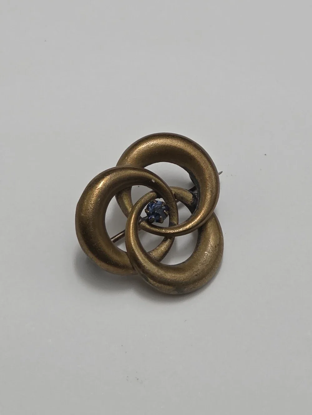 Antique 1900s Brass & Blue Stone Love Knot Brooch Pin